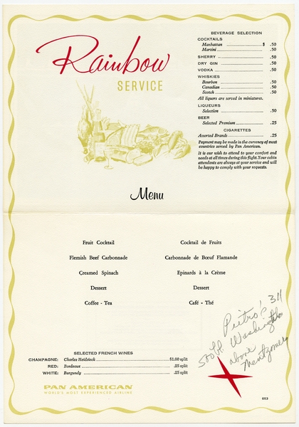 Image: menu: Pan American World Airways, Rainbow (economy) class