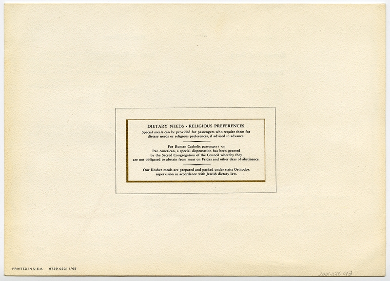 Image: menu: Pan American World Airways, Rainbow (economy) class