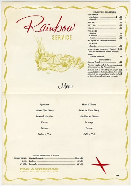 Image: menu: Pan American World Airways, Rainbow (economy) class
