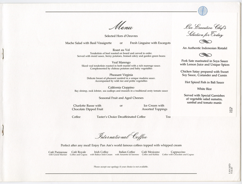 Image: menu: Pan American World Airways