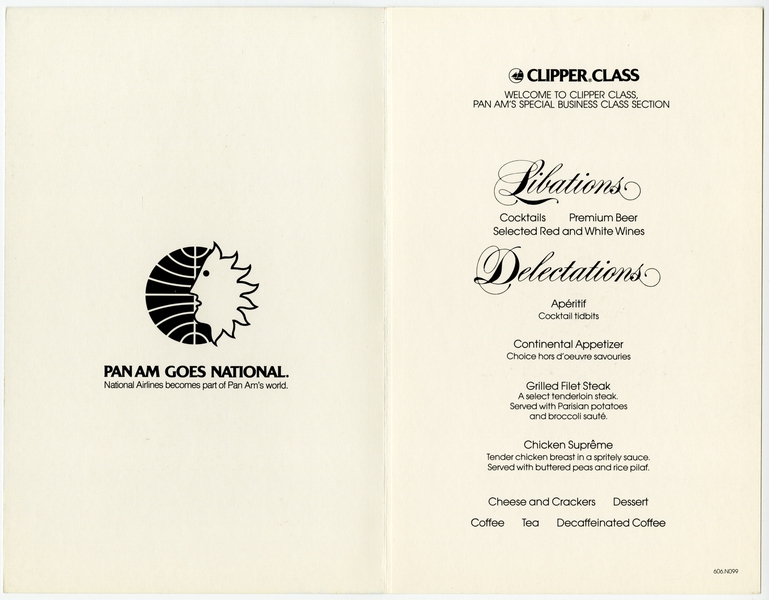 Image: menu: Pan American World Airways, Clipper (business) class