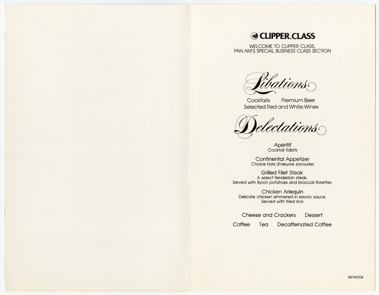 Image: menu: Pan American World Airways, Clipper (business) class