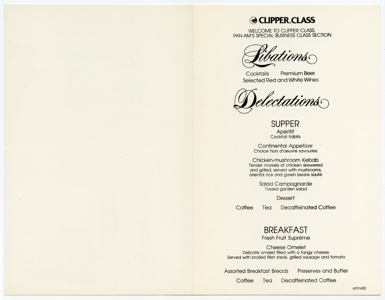 Image: menu: Pan American World Airways, Clipper (business) class