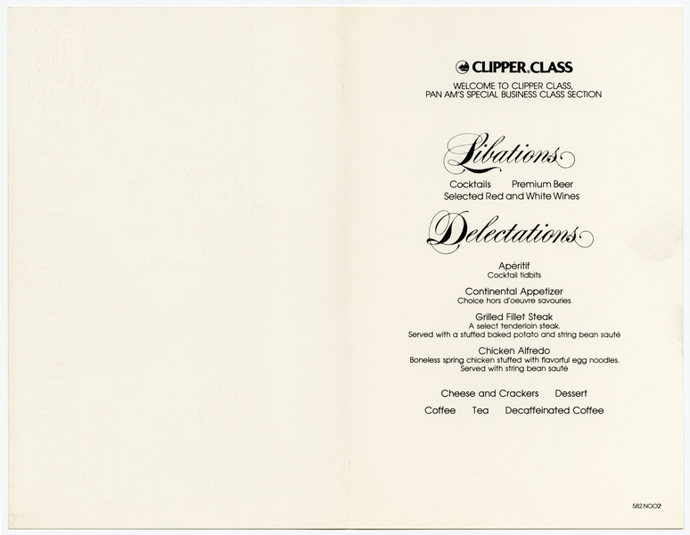 Image: menu: Pan American World Airways, Clipper (business) class