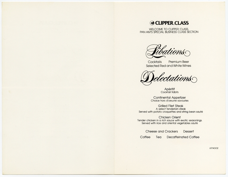 Image: menu: Pan American World Airways, Clipper (business) class