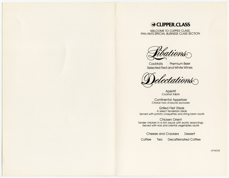 Image: menu: Pan American World Airways, Clipper (business) class