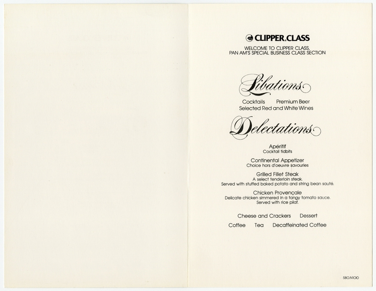 Image: menu: Pan American World Airways, Clipper (business) class