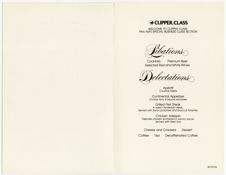 Image: menu: Pan American World Airways, Clipper (business) class