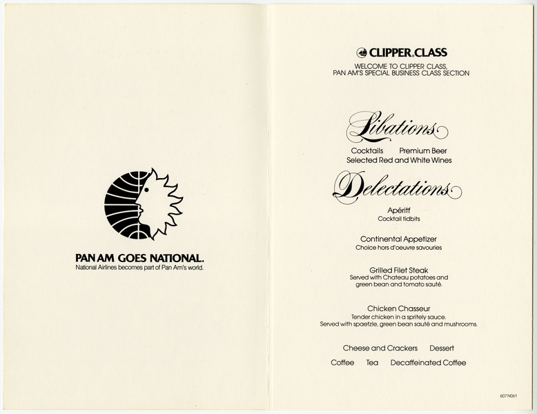 Image: menu: Pan American World Airways, Clipper (business) class