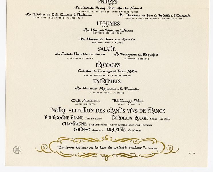 Image: menu: Pan American World Airways, President (first) class