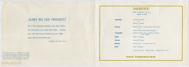Image: menu: Pan American World Airways, Vice President Nixon charter flight