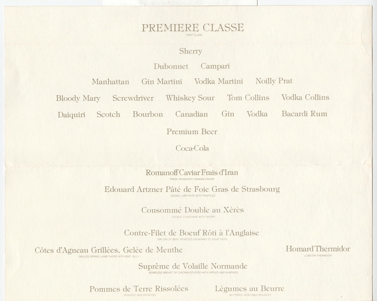Image: menu: Pan American World Airways, first class
