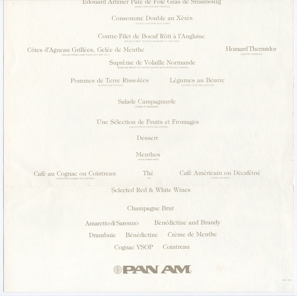 Image: menu: Pan American World Airways, first class