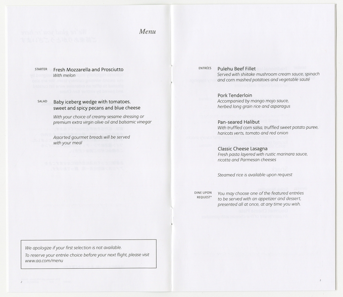 Image: menu: American Airlines, business class