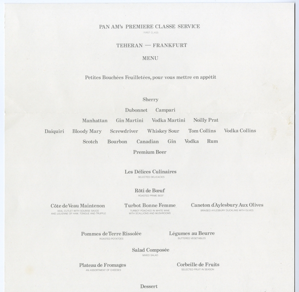 Image: menu: Pan American World Airways, first class