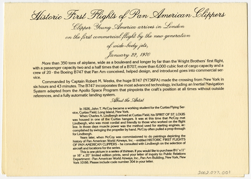 Image: menu: Pan American World Airways, Historic First Flights series, Boeing 747