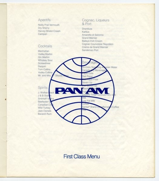 Image: menu: Pan American World Airways, first class