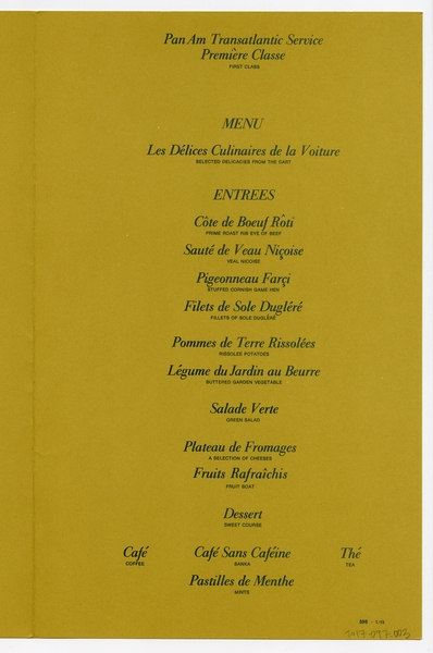 Image: menu: Pan American World Airways, first class