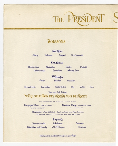Image: menu: Pan American World Airways, President (first) class