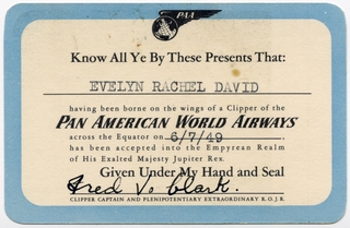 Image: souvenir certificate: Pan American World Airways, Evelyn David