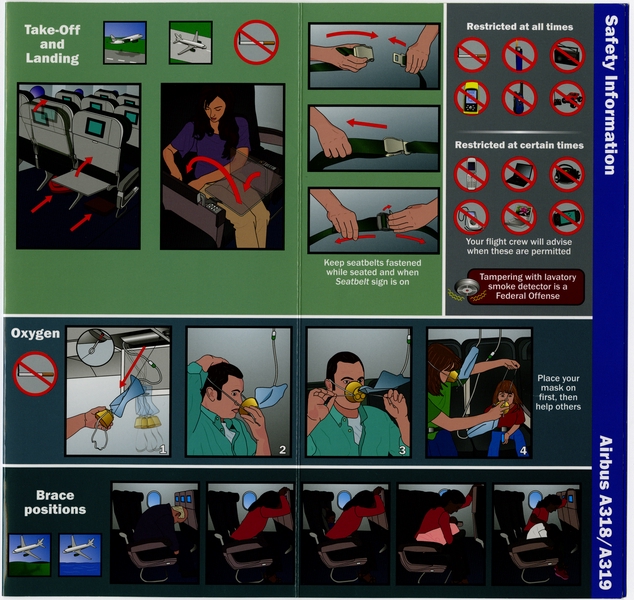 Image: safety information card: Frontier Airlines, Airbus A318 / A319