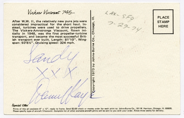 Souvenir autograph: United Airlines, Sandra L. Herrmann, Danny Kaye