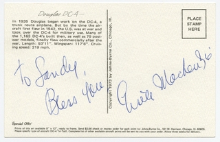 Image: souvenir autograph: United Airlines, Sandra L. Herrmann, Gisele MacKenzie
