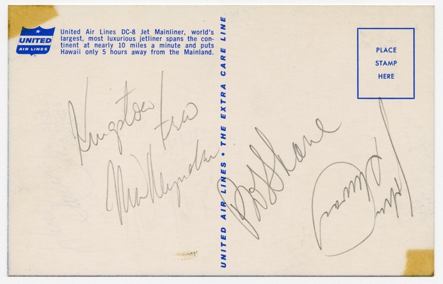 Souvenir autographs: United Air Lines, Sandra L. Herrmann, Kingston Trio