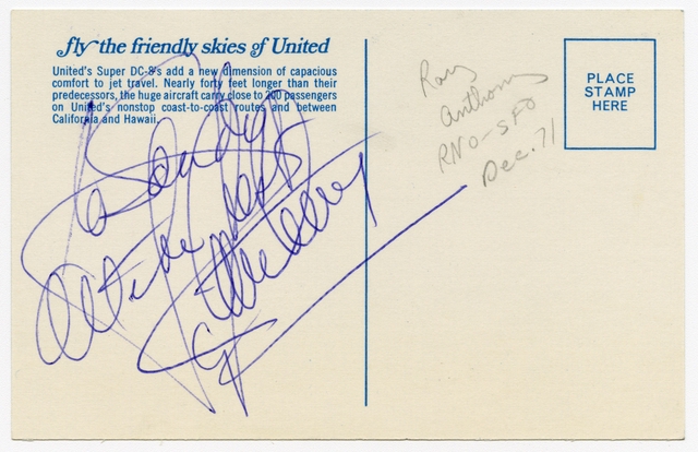 Souvenir autograph: United Air Lines, Sandra L. Herrmann, Ray Anthony