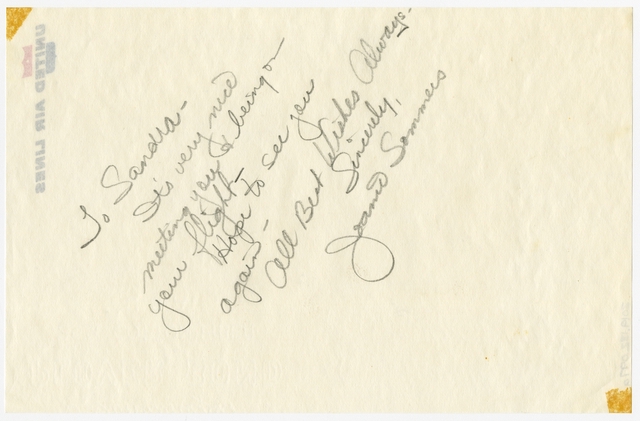 Souvenir autograph: United Air Lines, Sandra L. Herrmann, Joanie Sommers