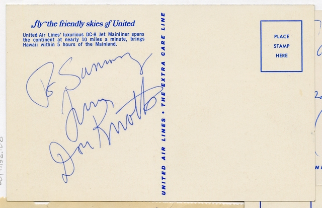 Souvenir autograph: United Air Lines, Sandra L. Herrmann, Don Knotts