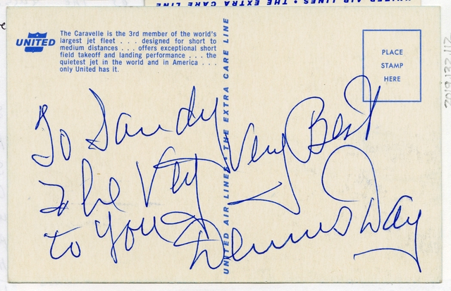 Souvenir autograph: United Air Lines, Sandra L. Herrmann, Dennis Day