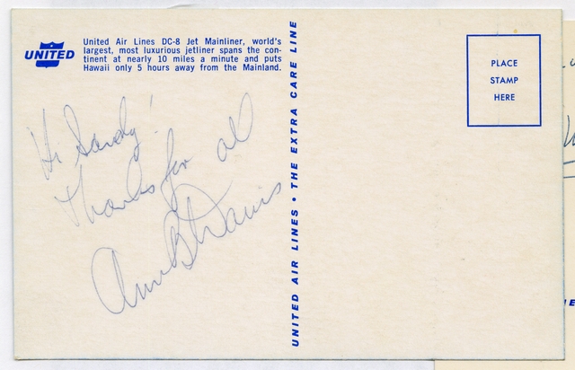 Souvenir autograph: United Air Lines, Sandra L. Herrmann, Anne B. Davis