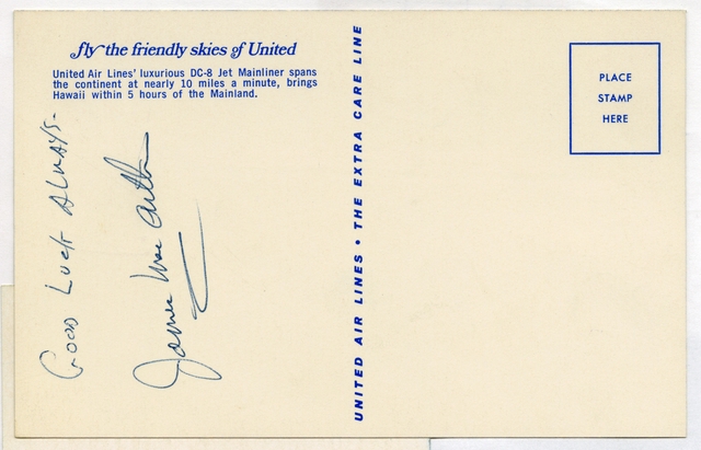 Souvenir autograph: United Air Lines, Sandra L. Herrmann, James MacArthur