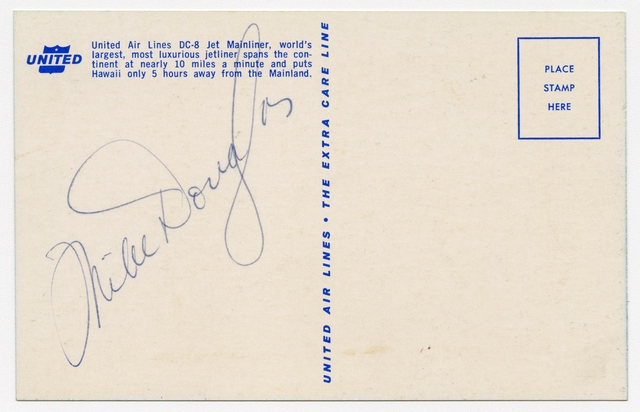 Souvenir autograph: United Air Lines, Sandra L. Herrmann, Mike Douglas