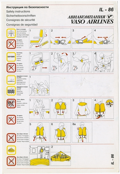 Image: safety information card: VASO Airlines, Ilyushin Il-86