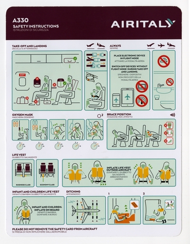 Safety information card: Air Italy, Airbus A330
