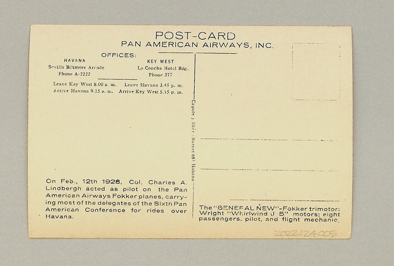 Image: postcard: Pan American Airways, Fokker F-10, Charles A. Lindbergh