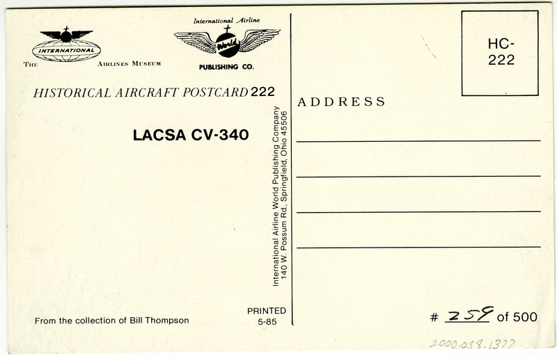 Image: postcard: Lineas Aereas Costarricenses , S. C. (LACSC), Convair CV-340