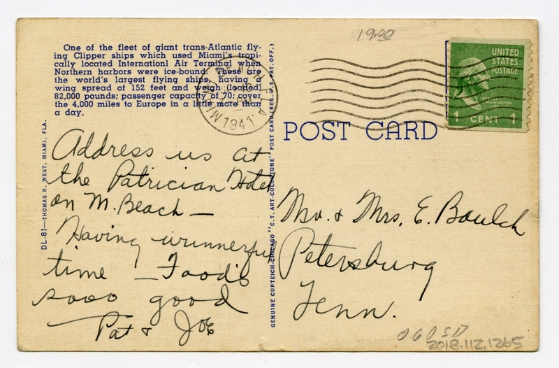 Image: postcard: Pan American Airways System, Boeing 314 Atlantic Clipper