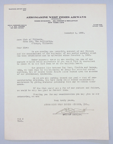 Correspondence: B.L. Smith, Aeromarine West Indies Airways, to Aero Club of Illinois