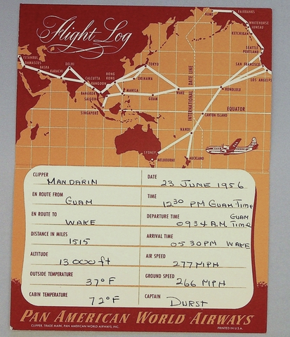 Postcard: Pan American World Airways, flight log