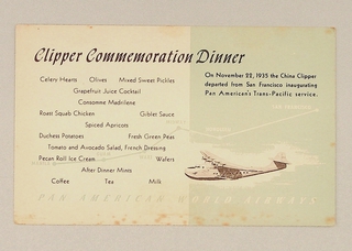 Image: postcard: Pan American World Airways, Clipper commemoration dinner