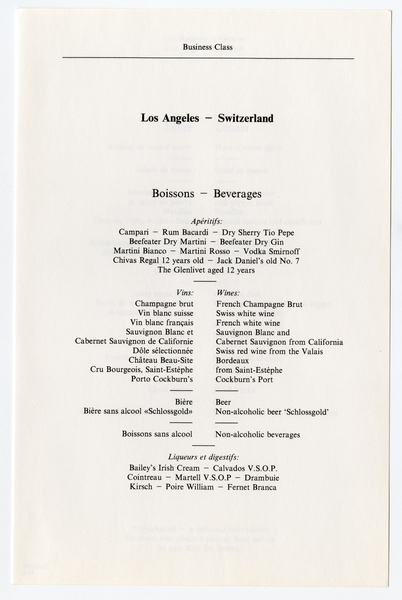 Image: menu: Swissair, business class