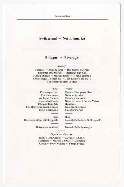 Image: menu: Swissair, business class