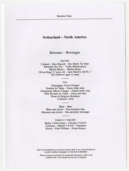 Image: menu: Swissair, business class