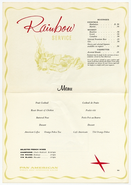 Image: menu: Pan American World Airways, Rainbow (economy) class