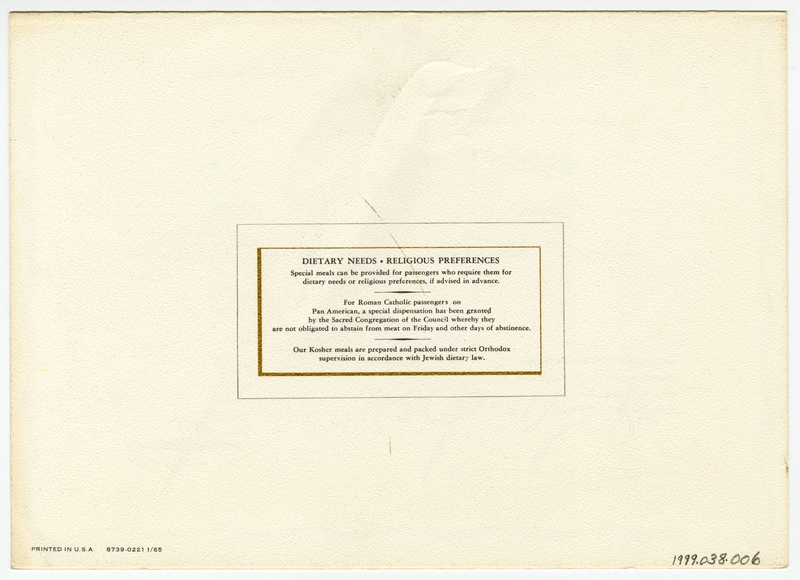 Image: menu: Pan American World Airways, Rainbow (economy) class