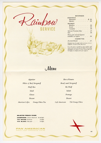 Image: menu: Pan American World Airways, Rainbow (economy) class