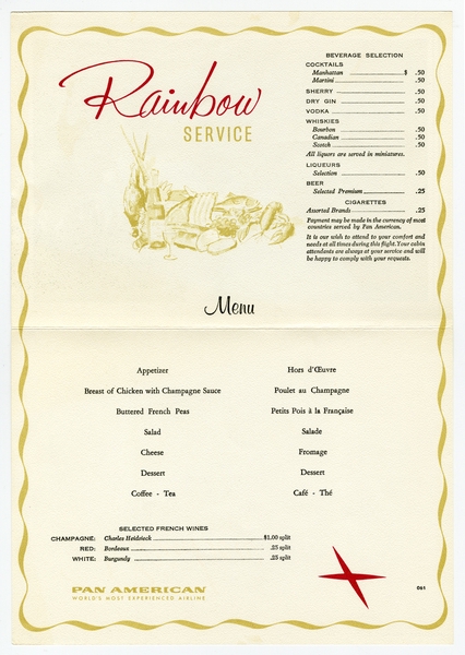 Image: menu: Pan American World Airways, Rainbow (economy) class